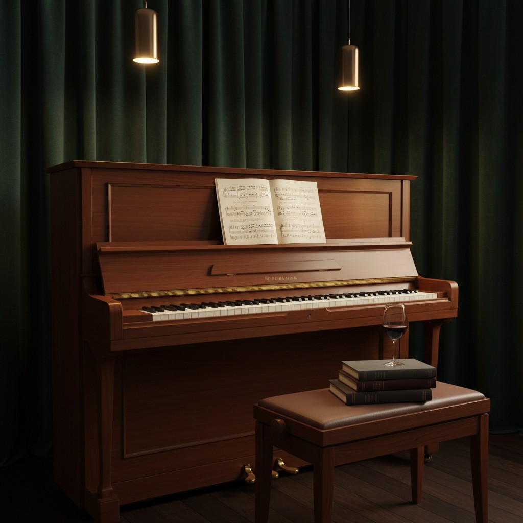 A piano with an open book and a glass of wine on top of it, in front of a green curtain.