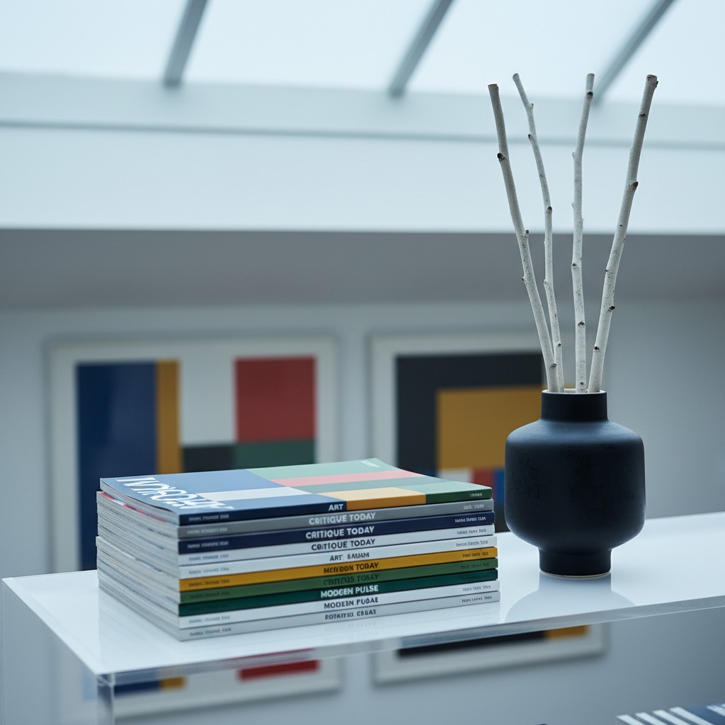 White vase with white sticks, gray base. A stack of colorful magazines, 'Critique Today' and 'Tomorrow' featured. Minimali...