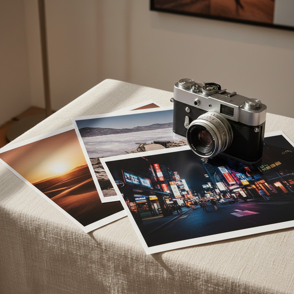 A photo of a silver camera on top of Polaroid albums laid out on a table.